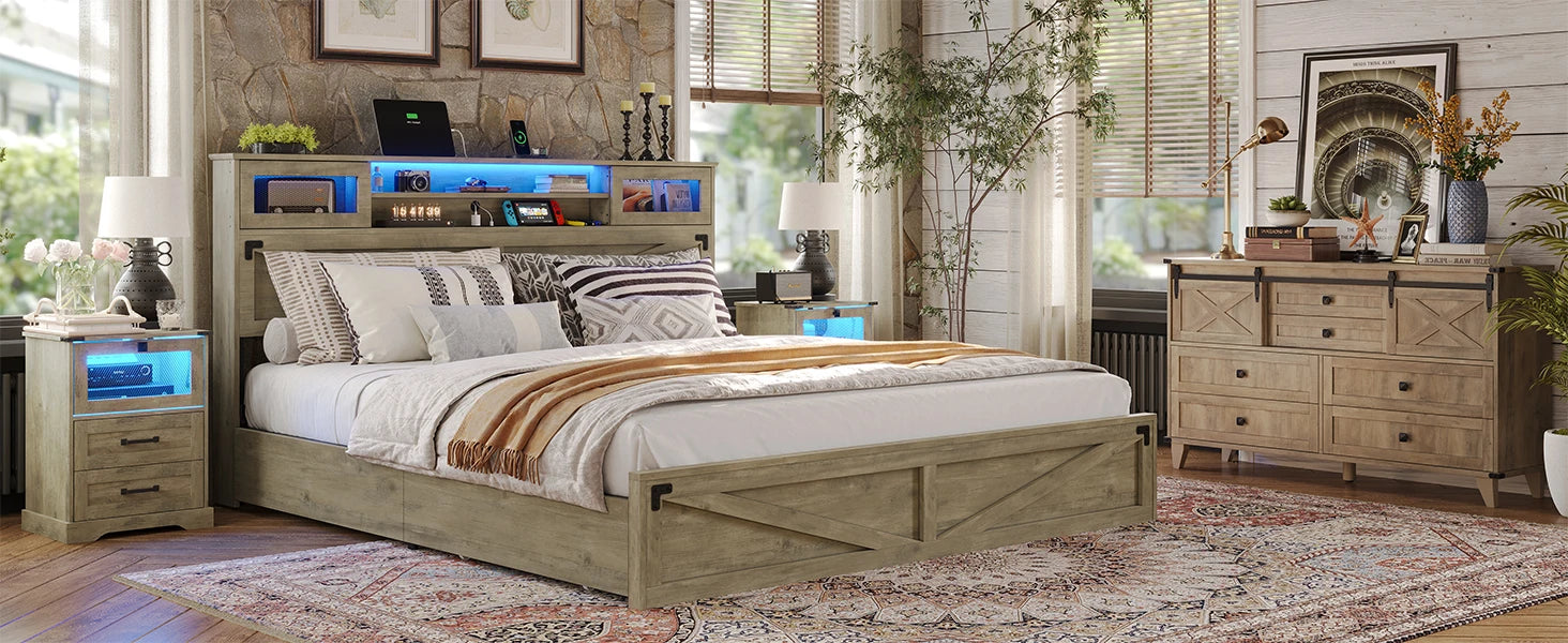 Farmhouse Bed Frame with Bookcase Headboard and 2 Drawers, Wooden Platform , Rustic Brown Ohberri