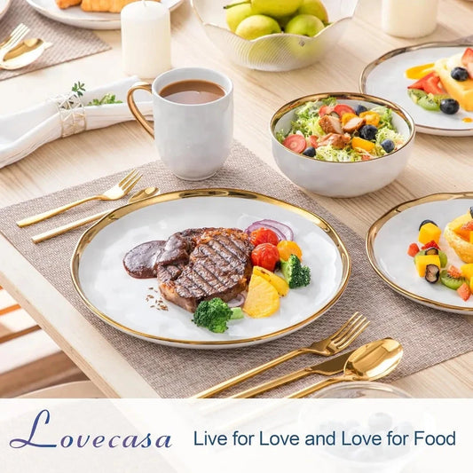 16 Pieces Plates and Bowls Sets Porcelain White and Gold Dinnerware Sets Ohberri