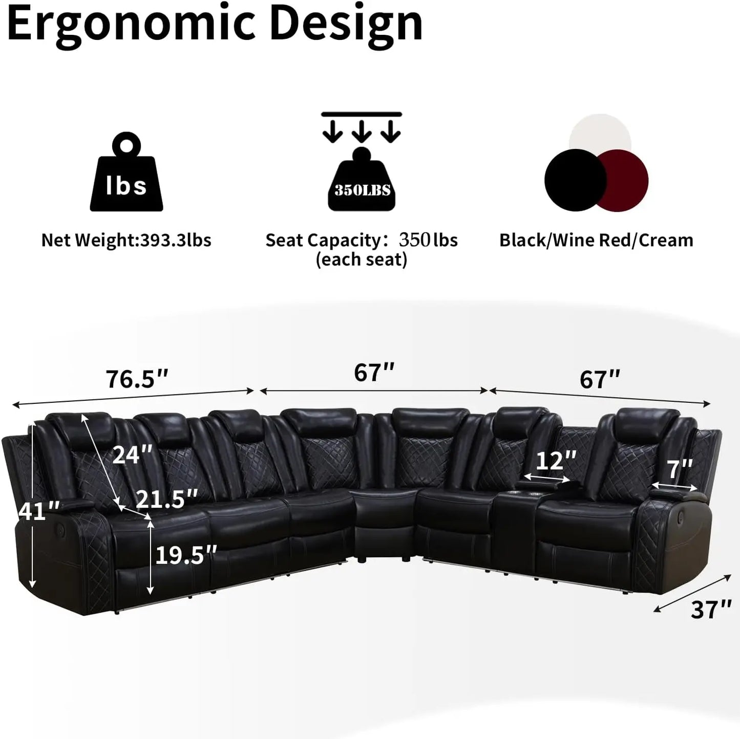 Recliner Leather Sofa Sectional Couch with LED Light with Storage - Ohberri
