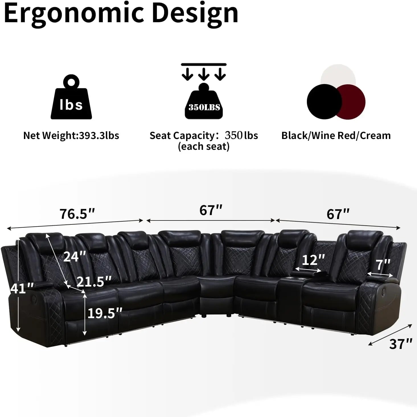 Recliner Leather Sofa Sectional Couch with LED Light with Storage - Ohberri