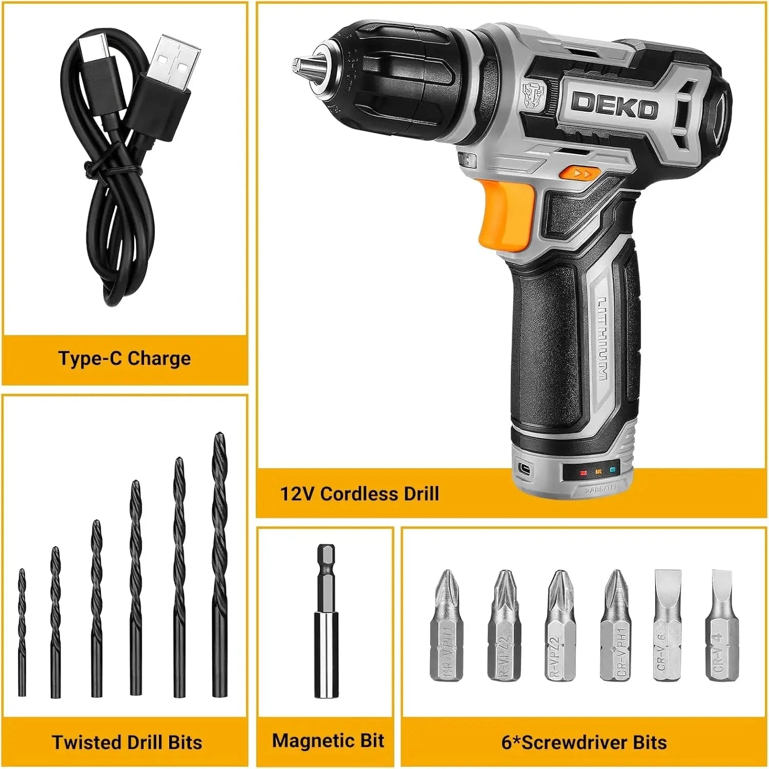 DEKO 12V Power Battery Cordless Drill Set with Small Electric Drills and 3/8-inch Ohberri