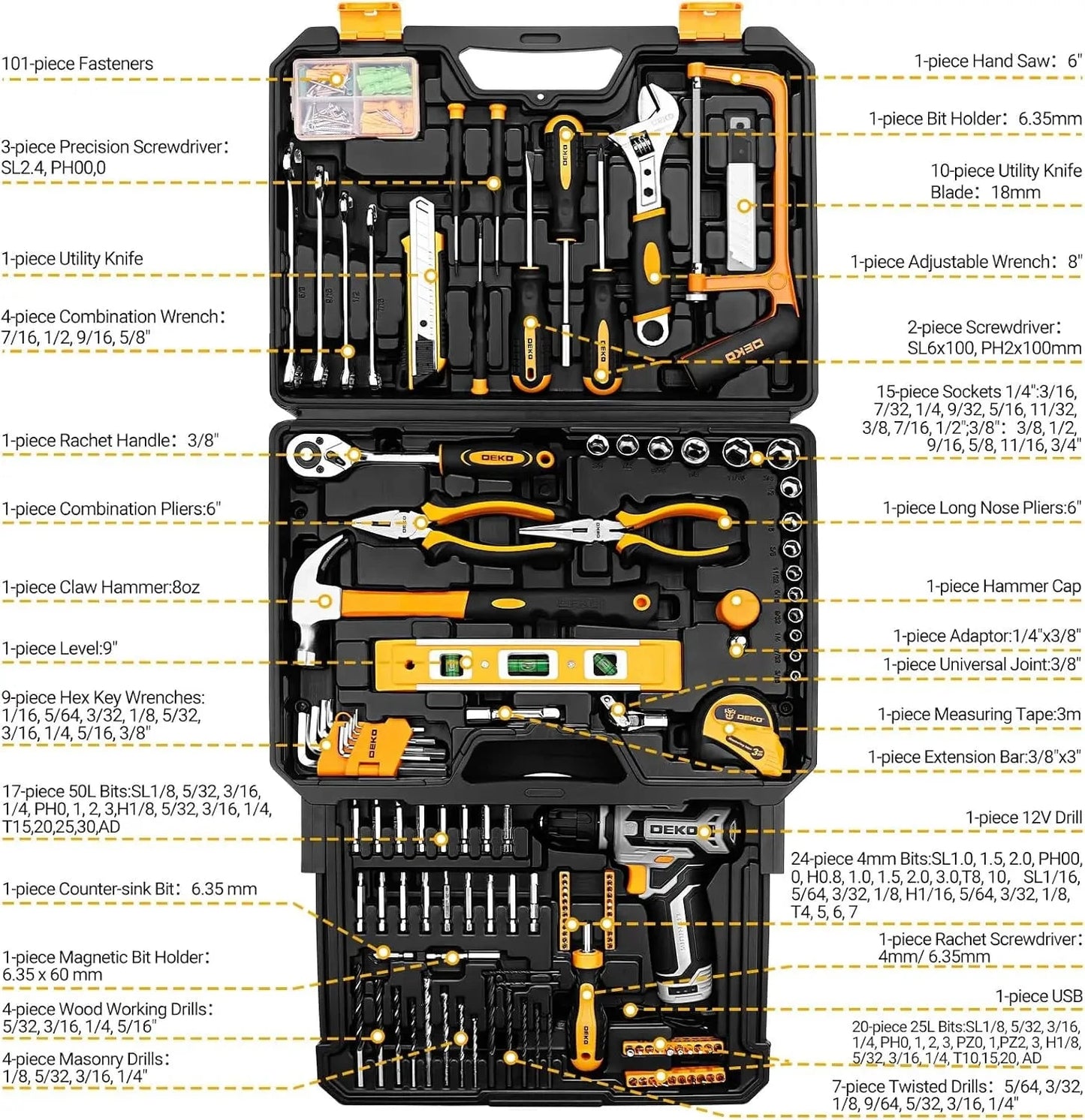 DEKO Mechanic Toolbox with 12V Power Cordless Drill Hand Repair Tools Sets Ohberri