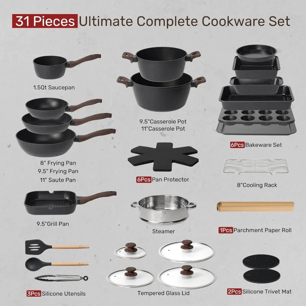 31 Piece Nonstick Cooking Sets with Baking Sheet & Utensil Ohberri