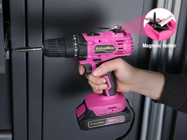 20V 3/8" Pink Cordless Drill Set  18+1 Torque Settings, Power Drill Set with LED Light and Magnetic Holder Ohberri