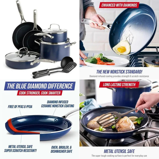 10 piece nonstick cookware set, diamond ceramic pots & pans & utensil Ohberri