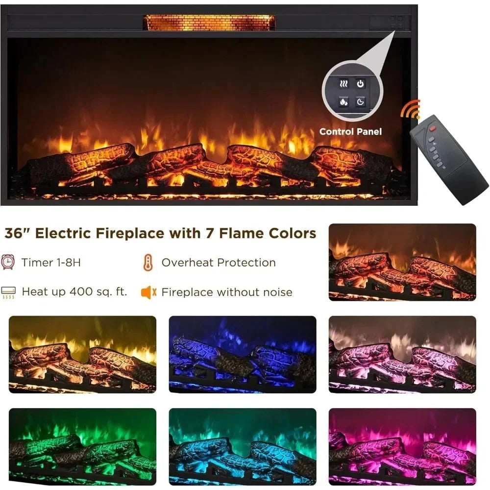 TV Stand for 80 Inch TV, Mid Century Modern with 36" Electric Fireplace & Led Lights Ohberri