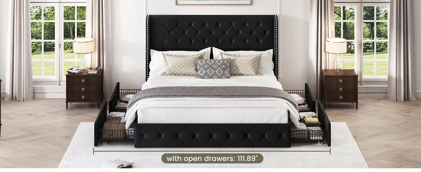Bed Frame with 4 Storage Drawers and Tufted Headboard Velvet Upholstered Platform - Ohberri