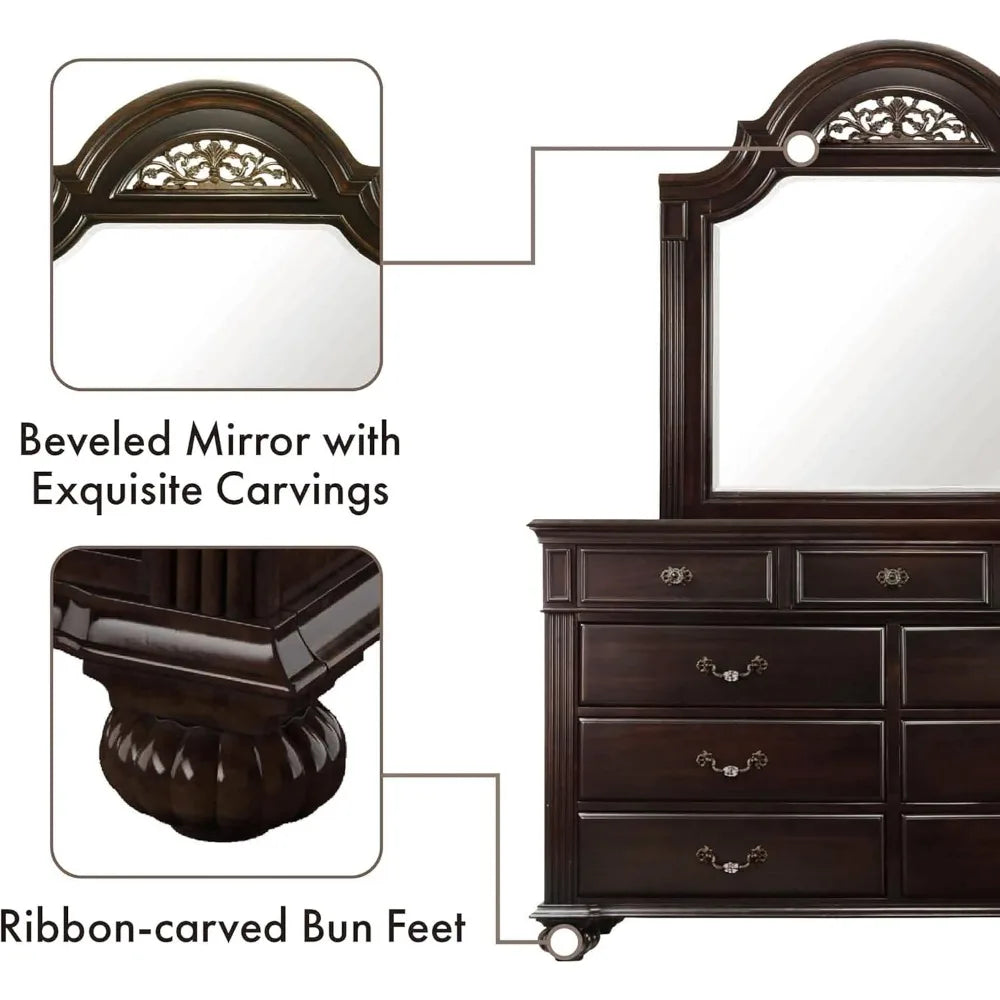6-Piece Traditional Solid Wood Bedroom Set with Chest, Mirrored-Dresser and 2 Nightstands, Box Spring - Ohberri