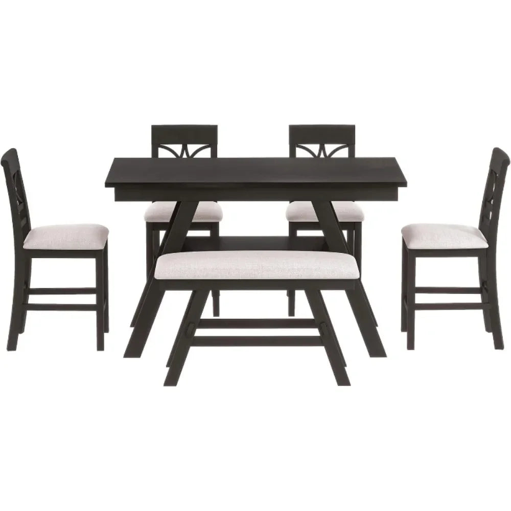 Farmhouse Dining Room Table Set with Storage Shelf Wooden 6 Piece Kitchen Table Set with Bench and Chairs - Ohberri