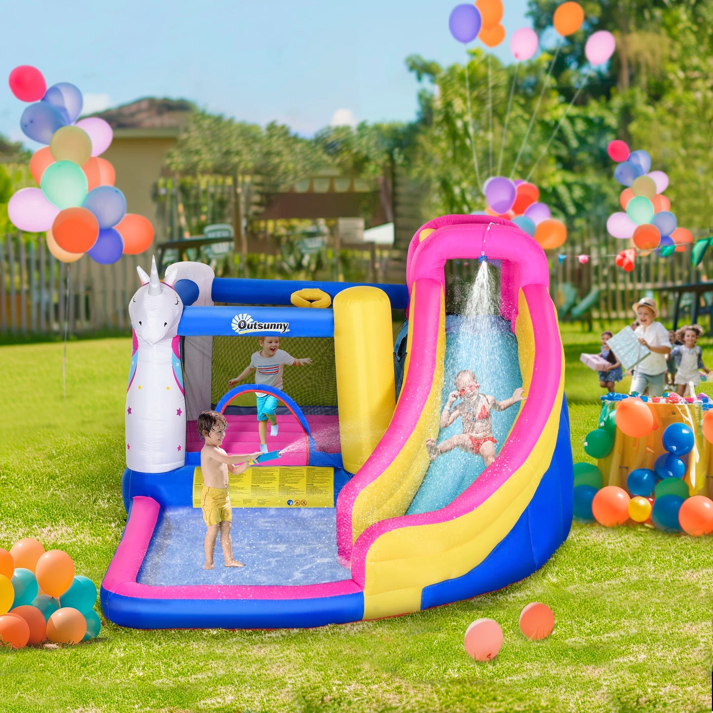 Unicorn 5-in-1 Large Inflatable Bounce House, Inflatable Water Slide for Kids - Ohberri