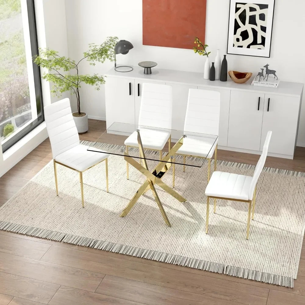 5 Piece Dining Table Table Set, Tempered Glass Dining Tables Set for 4 Kitchen Tables Set with 4 Upholstered Chairs - Ohberri