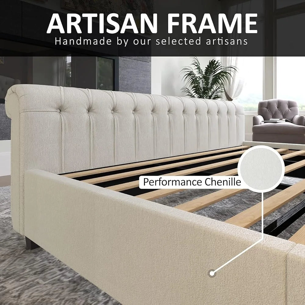 King Size Upholstered Sleigh Bed Craftsmanship Button Tufted Wingback Headboard - Ohberri