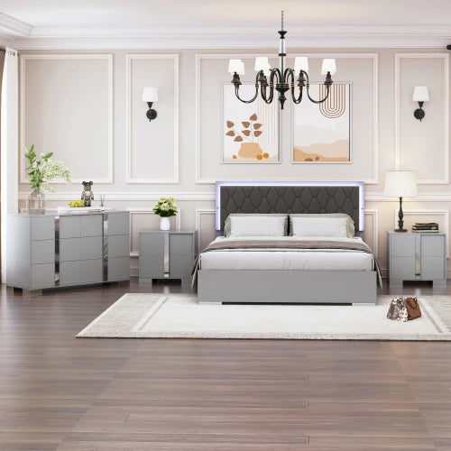 4-Pieces Bedroom Sets Queen Size Upholstered Bed with LED Lights, Mirrored Nightstands and Dresser with Metal Handles and Legs - Ohberri