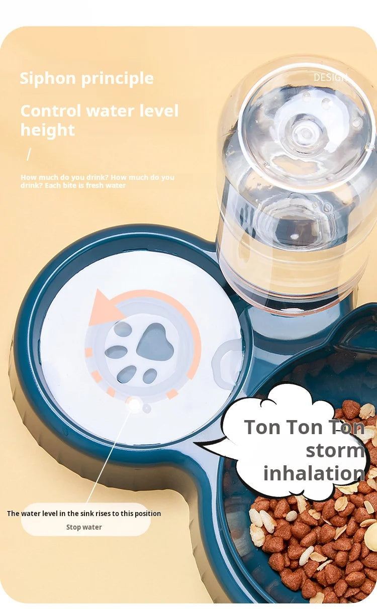 Pet Bowls With Water Feeder, 3 In 1 Ear Design Tilted Cat Water And Food Bowl Set With Gravity Water Bottle For Neck Protection Ohberri