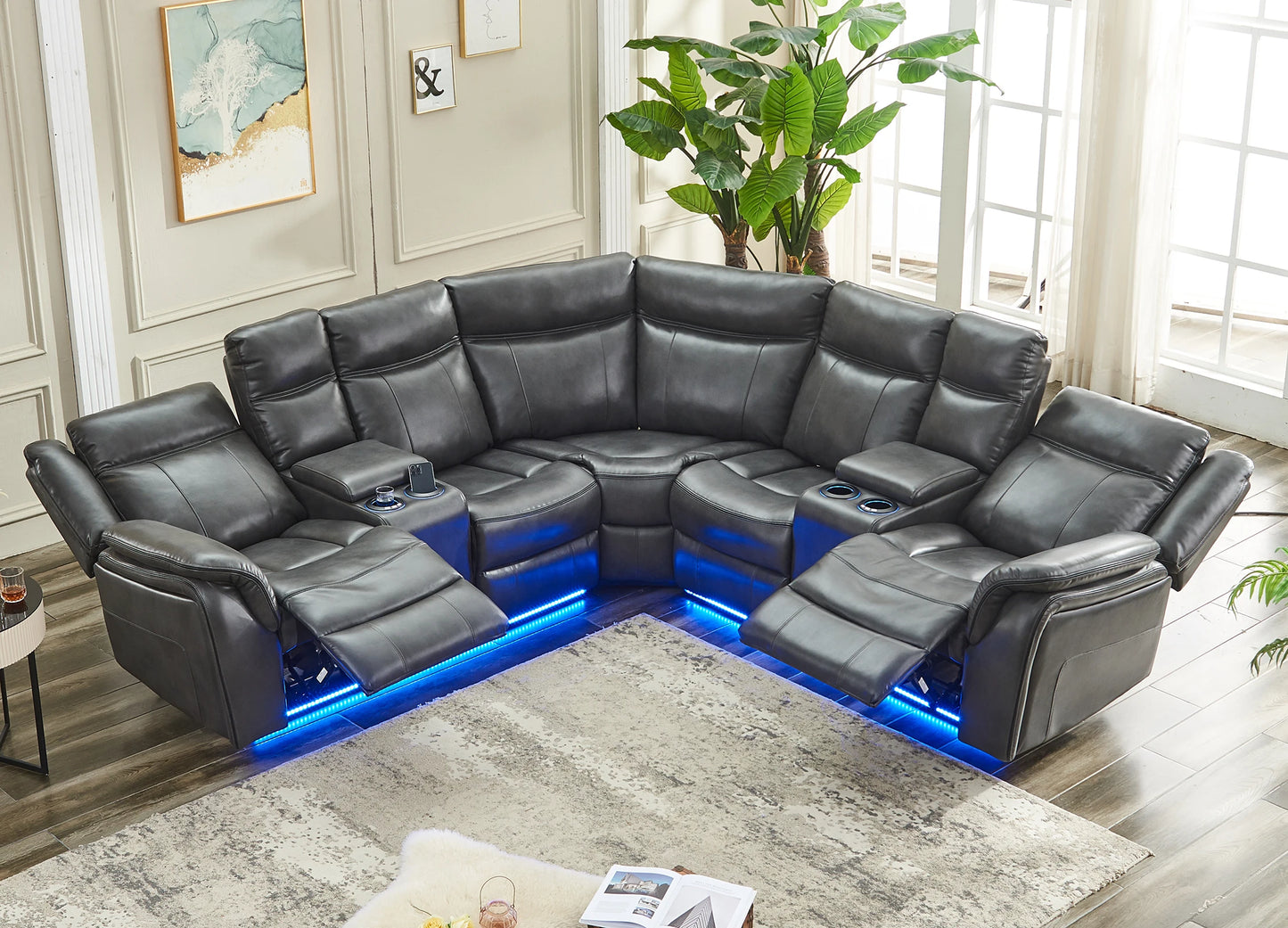 Power Recliner with LED Lights, USB, Cup Holders Storage Console Faux Leather Sectional - Ohberri