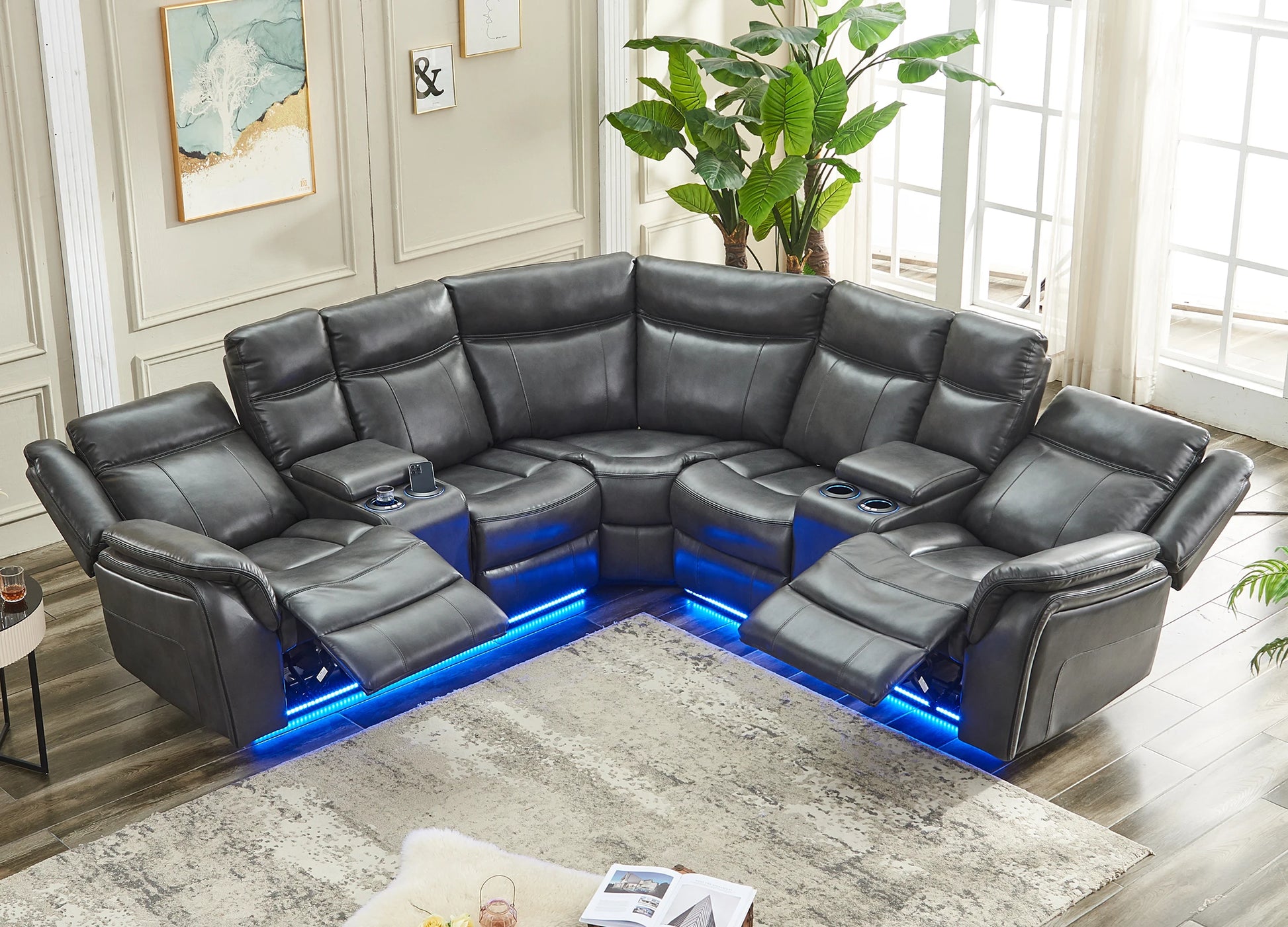 Power Recliner with LED Lights, USB, Cup Holders Storage Console Faux Leather Sectional - Ohberri