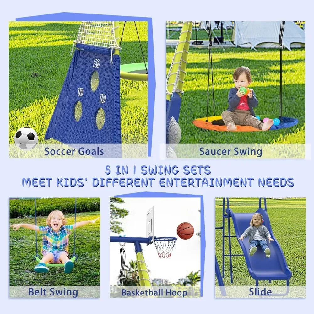 Swing Sets for Backyard with Kids Slide Outdoor Heavy-Duty Metal Playset for Kids 440lbs 5 in 1 Swing Set Ohberri