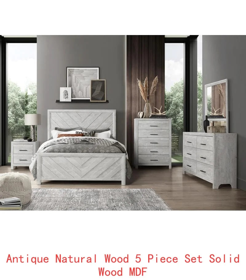 Gray 5-Piece Full Bedroom Set Made of Wood, Modern Design - Ohberri
