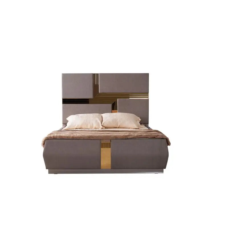 5-Pc Tufted Upholstered Bedroom Set with Wood & Gold Accents in Gray - Ohberri