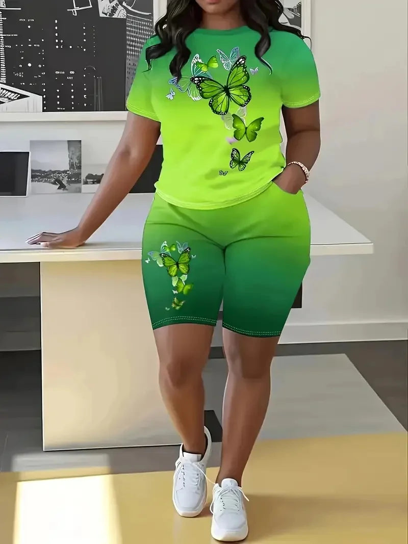 Women's Gradient Color Suit Butterfly Pattern Round Neck Short Sleeve Ohberri