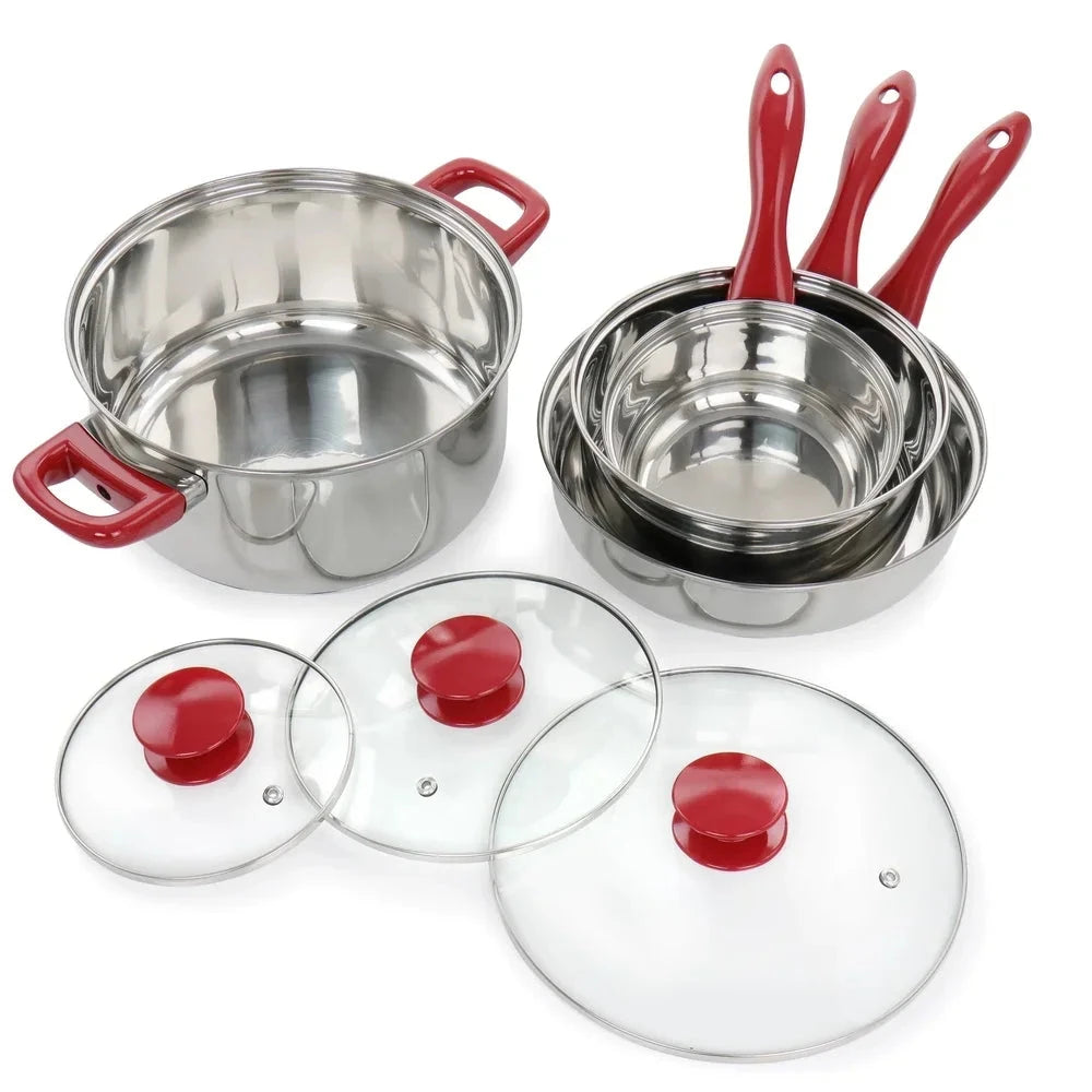 7 Piece Stainless Steel Cookware Set Chrome Red Handles Ohberri