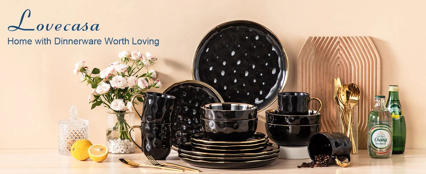 Black and Gold Dishes Sets, Stoneware Dinnerware Sets for 4, 16 Piece Plates and Bowls Sets Ohberri