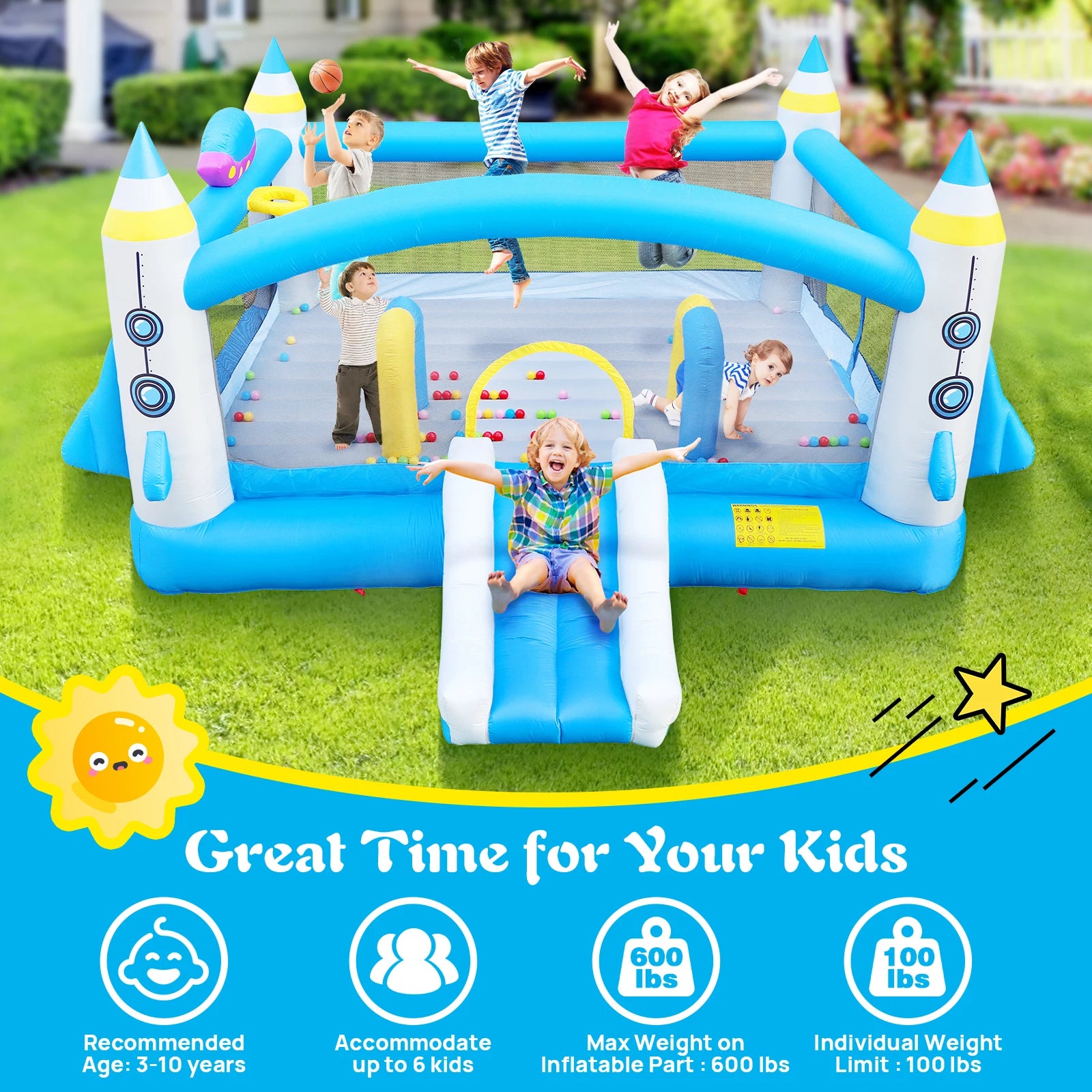Bounce House With Long Slide Bouncing Area Basketball Hoop - Ohberri