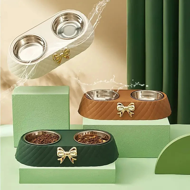 1PC Pet Pet Dog and Cat Food Bowls Bowtie Dog Food Drinking Double Bowl Pet Supplies Ohberri