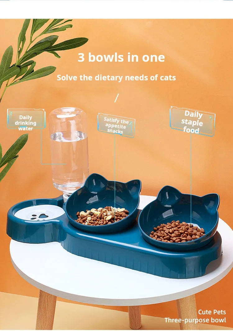 Pet Bowls With Water Feeder, 3 In 1 Ear Design Tilted Cat Water And Food Bowl Set With Gravity Water Bottle For Neck Protection Ohberri