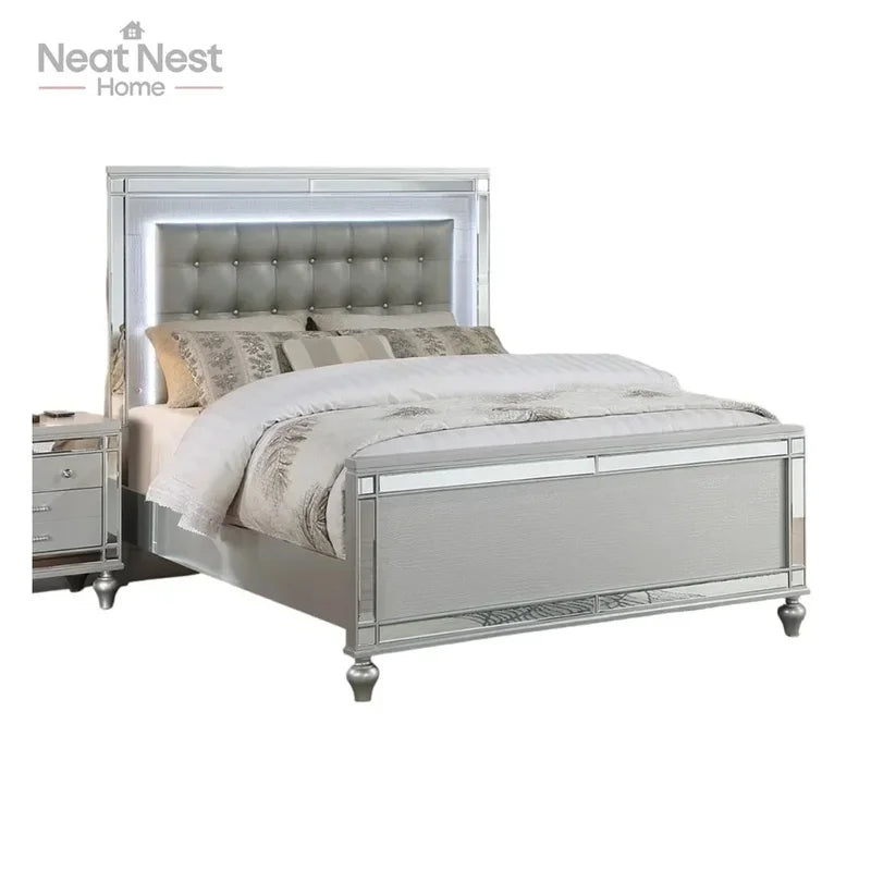 King Size Panel Bed Frame with LED Lights - Beautiful Silver Tufted Faux Leather - Ohberri