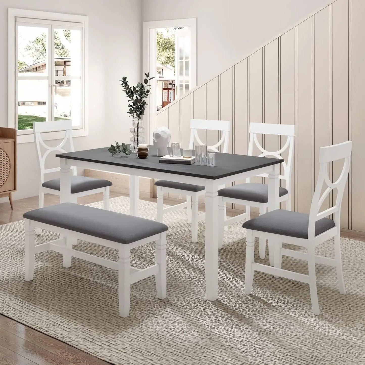 Farmhouse Dining Room Table Set with Storage Shelf Wooden 6 Piece Kitchen Table Set with Bench and Chairs - Ohberri