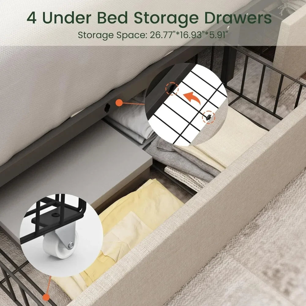 King Size Platform Bed Frame with 4 Storage Drawers and Headboard Linen Upholstered Bed Frame Tufted Beds - Ohberri