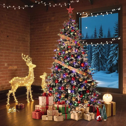 6Ft/7.5Ft/9Ft Pre-Lit Snow Flocked Christmas Tree 8-Modes LED Lights Prelit Artificial Tree With Fake Pine Cones Ohberri