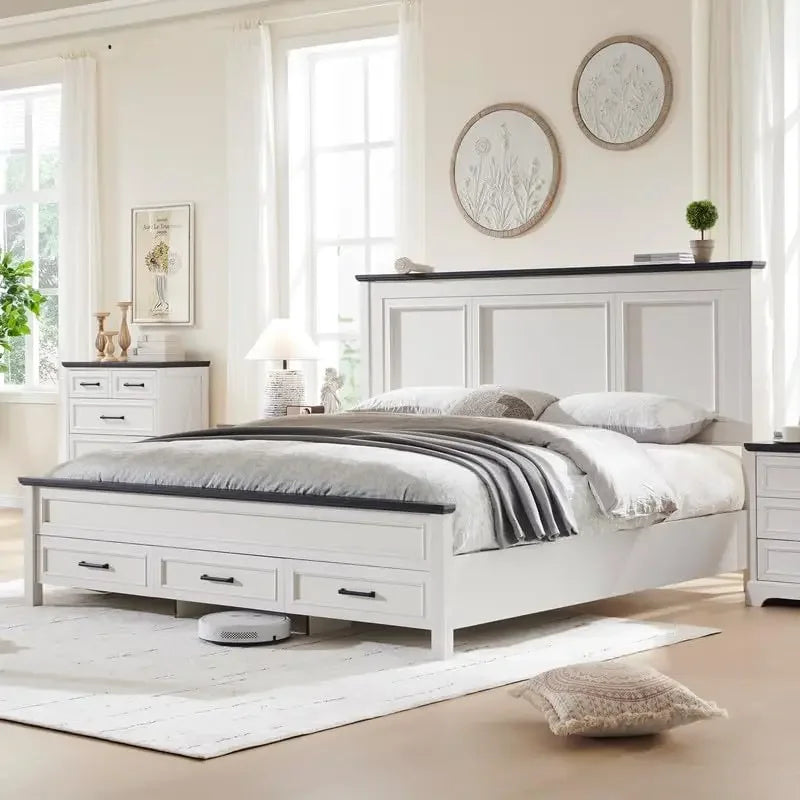Farmhouse King Size Bed Frame with 52" Tall Full-Panel Headboard, Wood Platform Storage Drawers - Ohberri