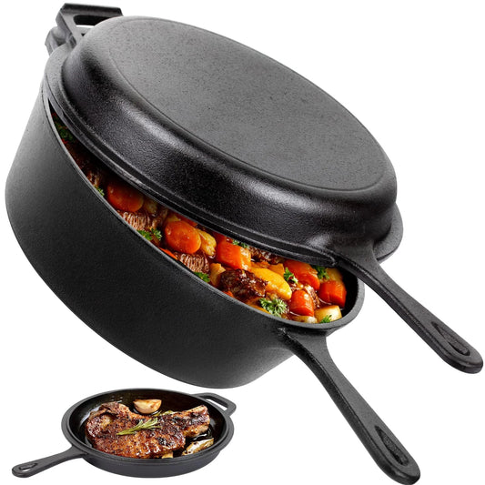 Dutch Oven & Skillet Combo,Preseasoned Cast Iron Cookware Set,2-In-1 Multi Cooker Ohberri