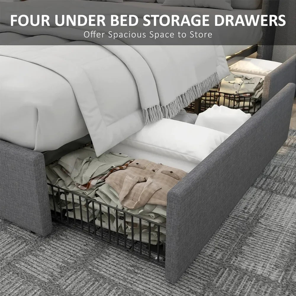 King Bed Frame with RGBW LED Lights Headboard & 4 Storage Drawers - Ohberri