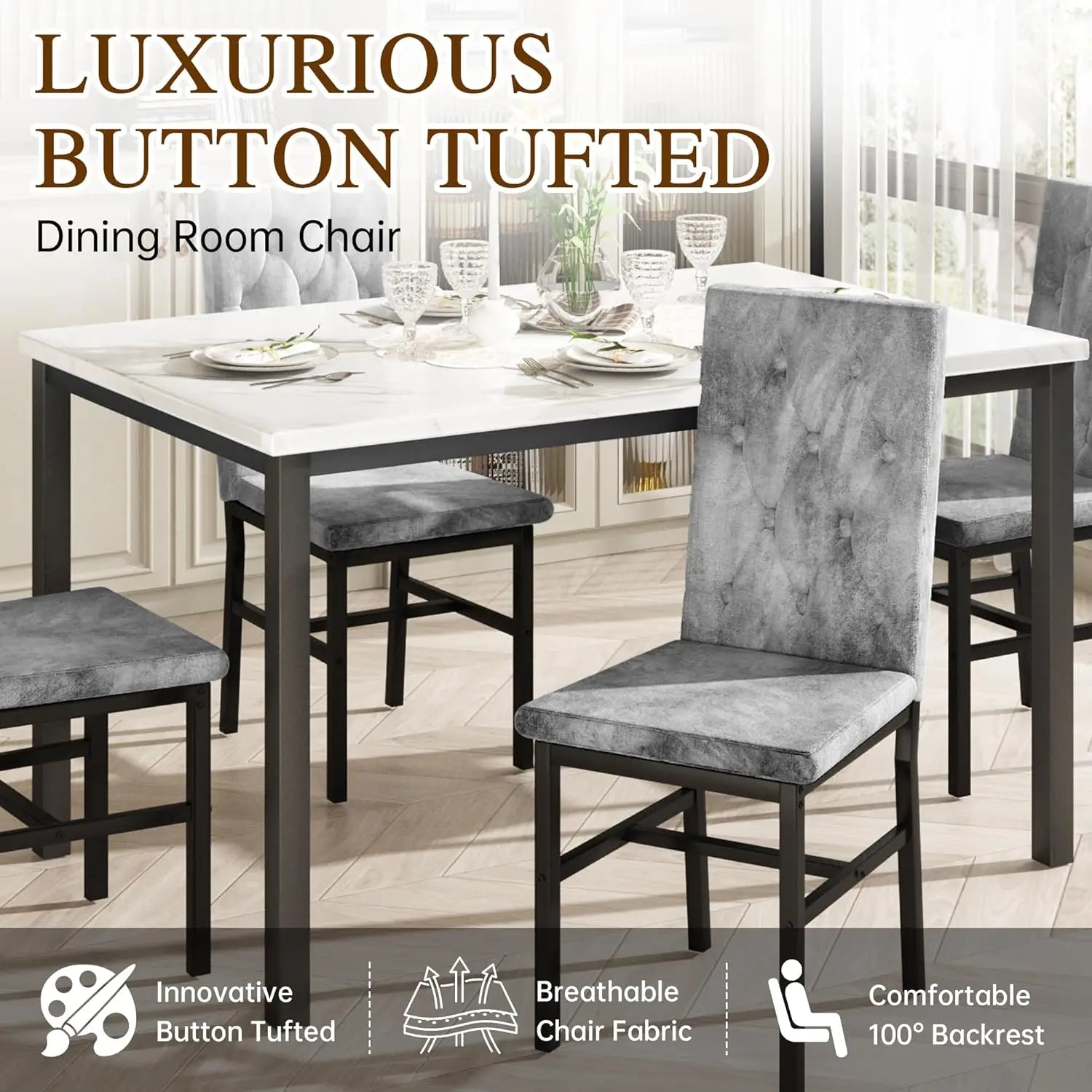 Dining Table Set for 4, Faux Marble Small Kitchen Table Chairs Set of 4 with Luxurious Button Tufted Dinner Chairs - Ohberri