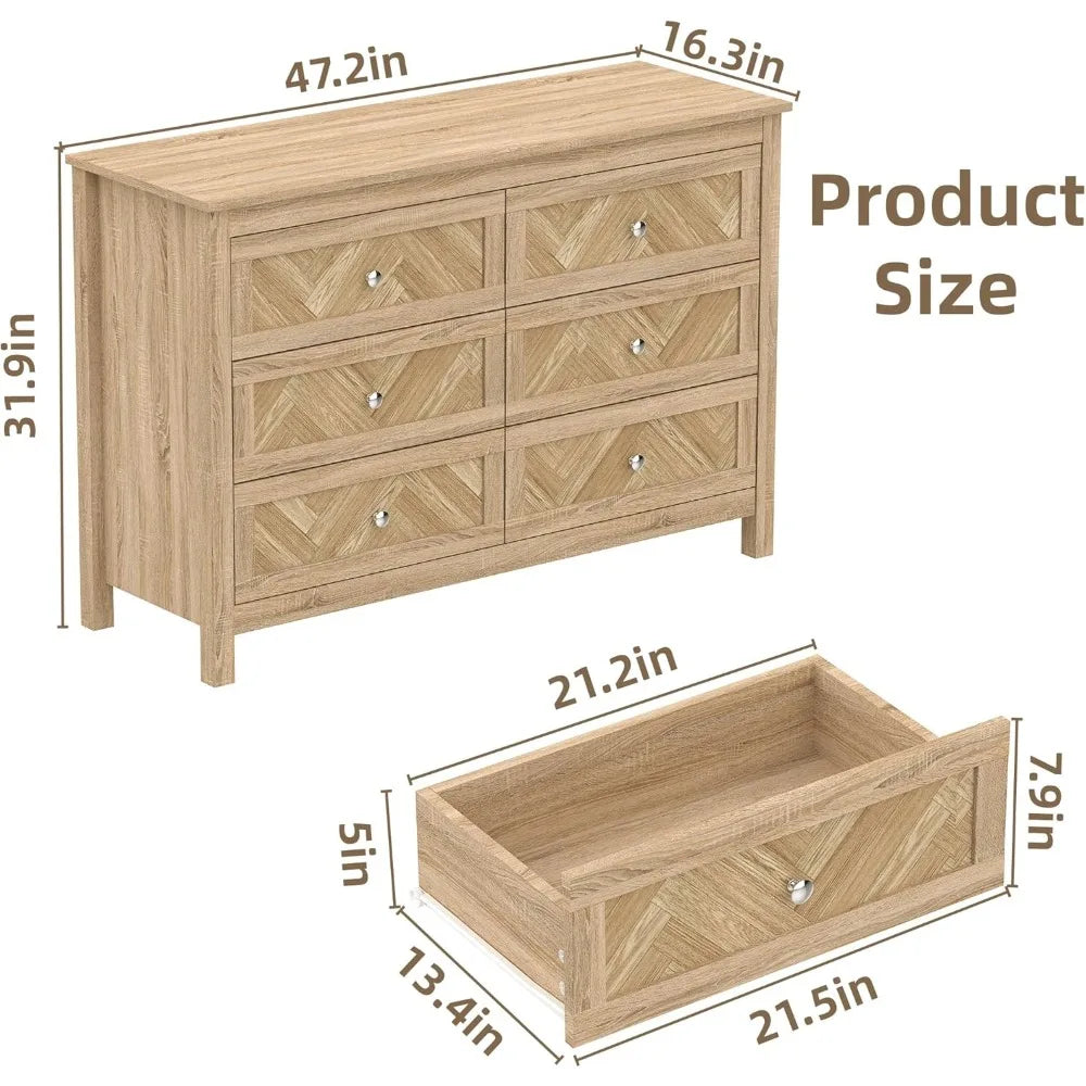 3 Pieces Bedroom Set with 6 Drawer Dresser and 2 Drawer Nightstands, Wooden - Ohberri