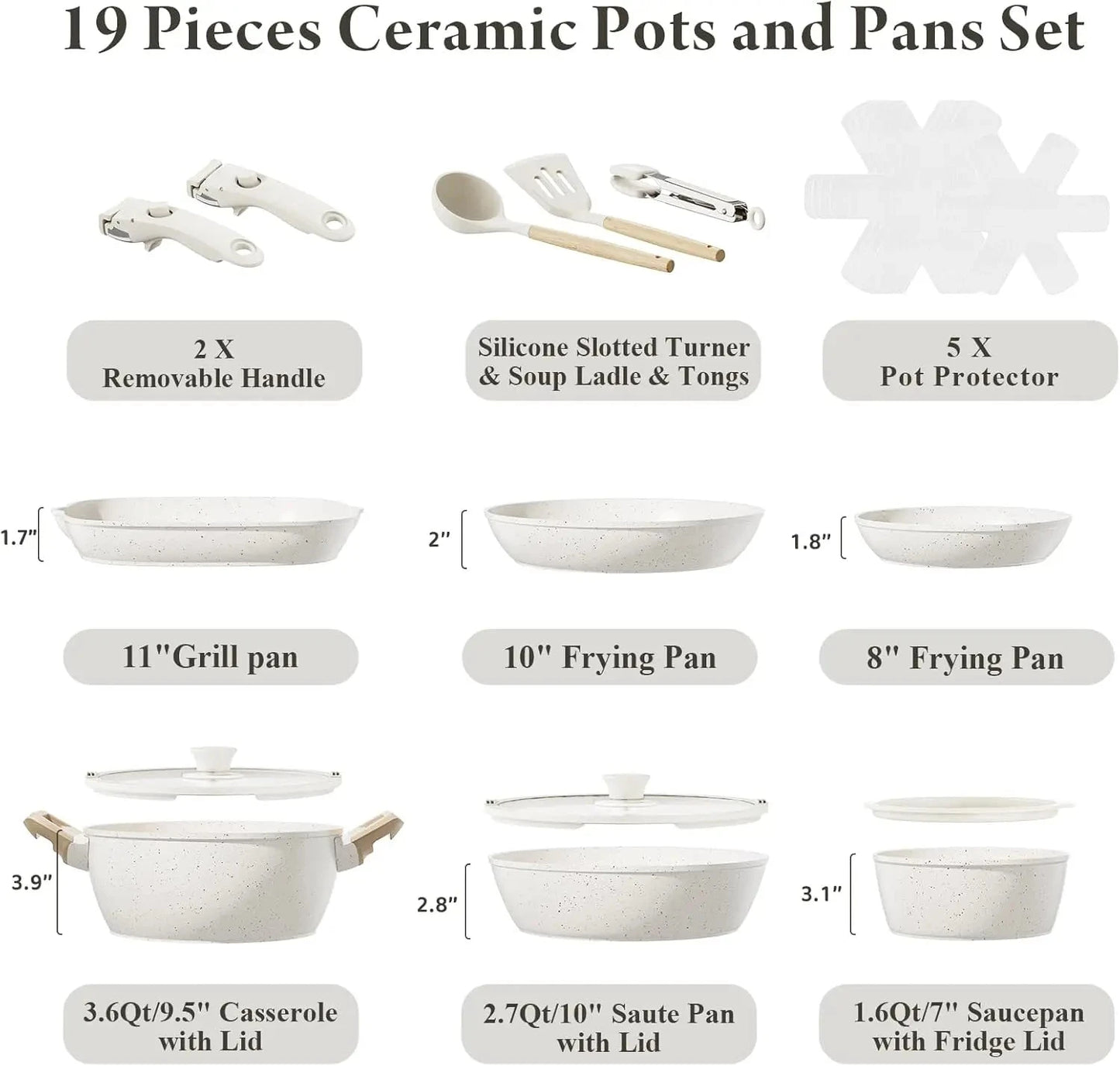 19 Pcs Pots and Pans Set Non Stick Ceramic Cookware Set with Removable Handles Ohberri