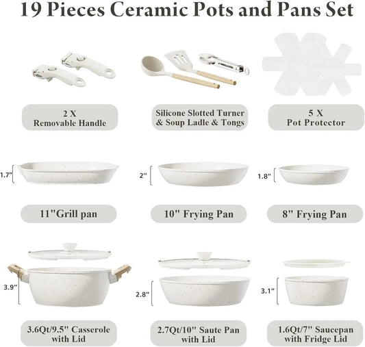 19 Pcs Pots and Pans Set Non Stick Ceramic Cookware Set with Removable Handles Ohberri