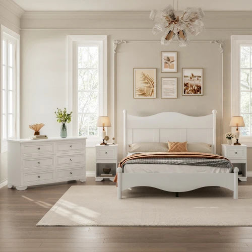 4-Pieces Retro Style Bedroom Sets, Queen Size Platform Bed Storage Nightstand and Dresser with Metal Handle, White - Ohberri
