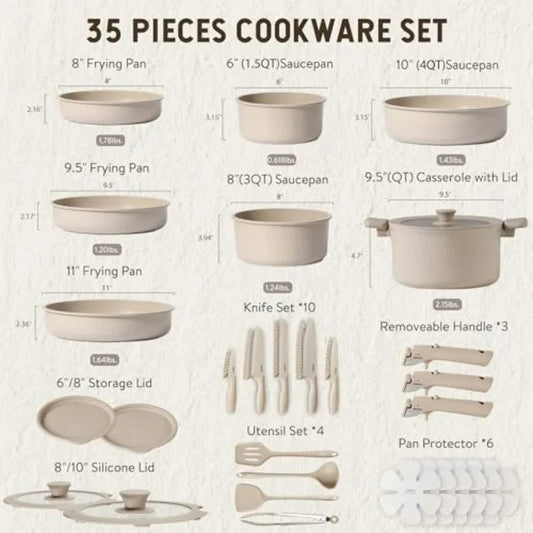 35pcs Pots and Pans Set Non Stick Cookware Set with Removable Handles for Oven Safe up to 450F Ohberri
