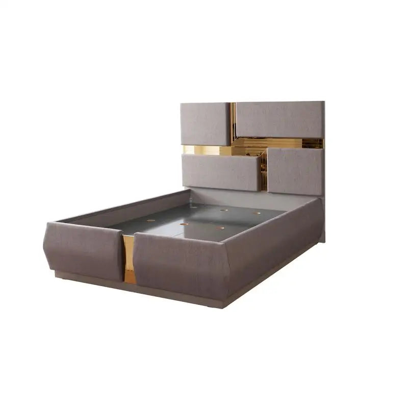 5-Pc Tufted Upholstered Bedroom Set with Wood & Gold Accents in Gray - Ohberri