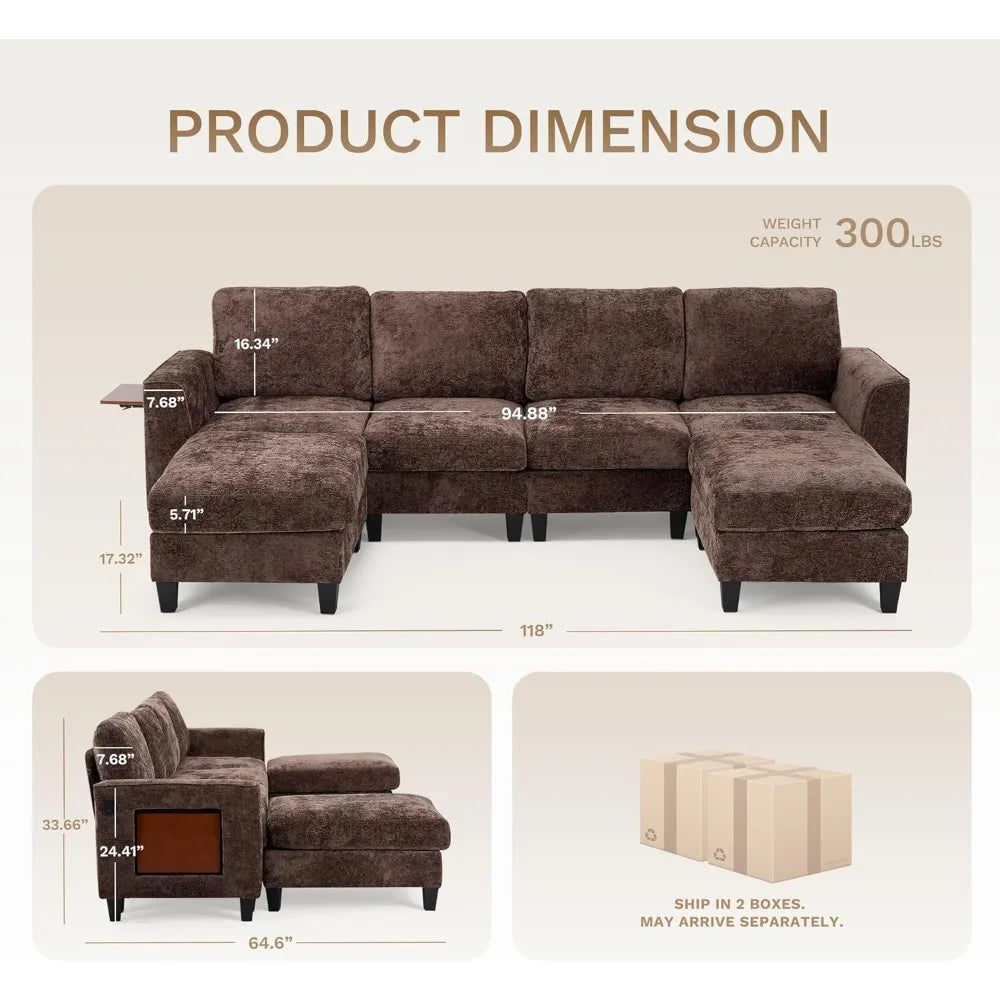 Sectional Sofa Fabric Couch 4 Seaters with 2 Ottomans - Ohberri