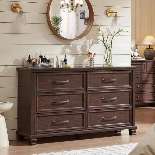 Farmhouse Dresser and Nightstand Sets of 4, 6/5 Drawer Dresser & 2 Drawer Nightstand Set of 2, Rustic Walnut - Ohberri