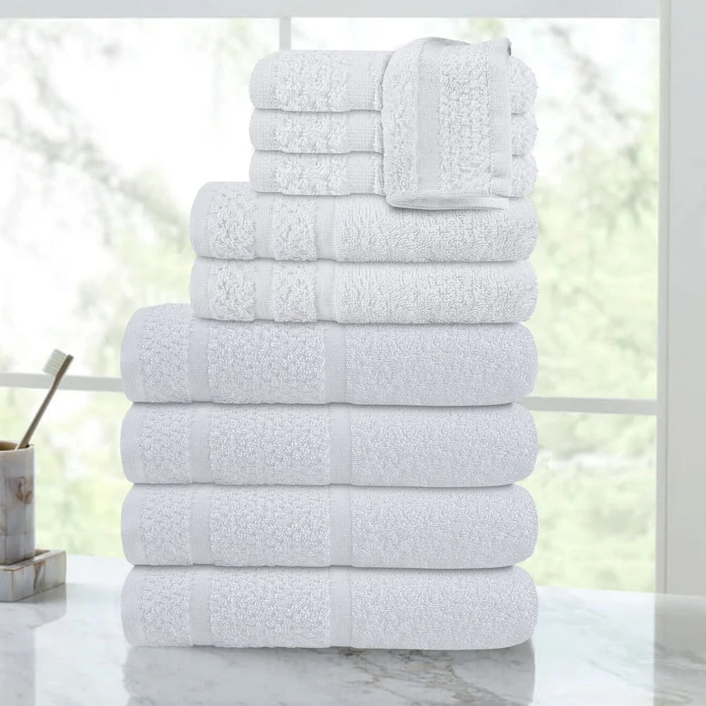 10 Piece Cotton Towel Set Soft Absorbent Quick Dry Bath Towels Hand Towels Washcloths Durable Popcorn Textured Border Bathroom - Ohberri