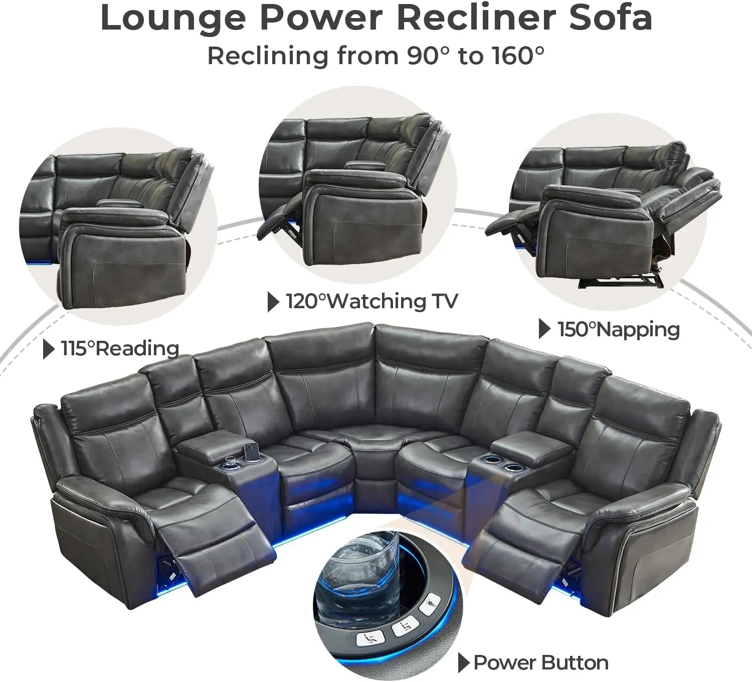 Power Recliner with LED Lights, USB, Cup Holders Storage Console Faux Leather Sectional - Ohberri