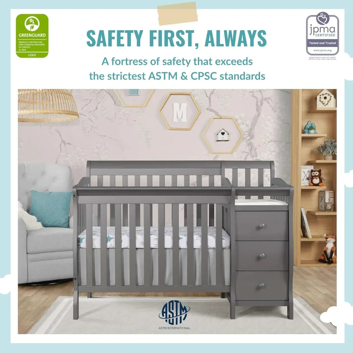 Convertible Crib with Storage Drawer, 3 Height Settings & Mattress Pad, Converts to Twin Bed - Ohberri