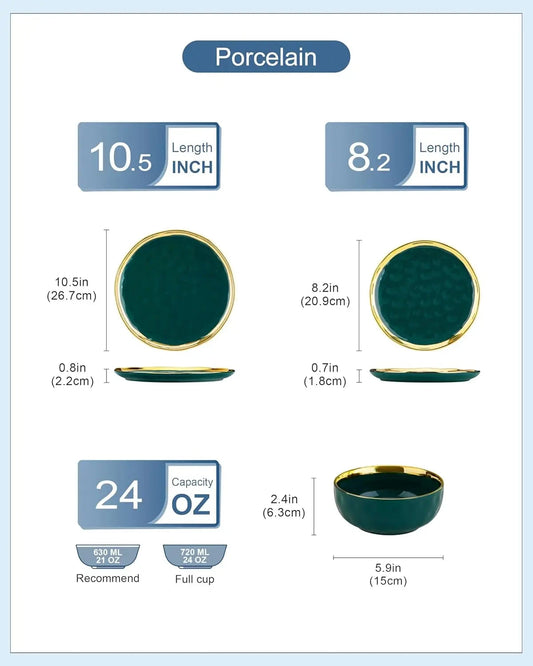 12 Pieces Plates and Bowls Sets, Porcelain Green and Gold Dinnerware Sets Ohberri