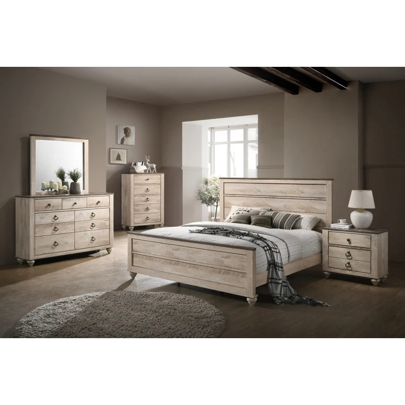 Imerland Contemporary White Wash Finish Bedroom Set, Queen Bed , Dresser, Mirror, Nightstand, Chest - Ohberri